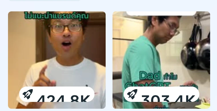 รายการ Top content by views ของเพจ แสดงคลิปที่ทำยอดวิวสูงสุด 424.8K และ 303.4K